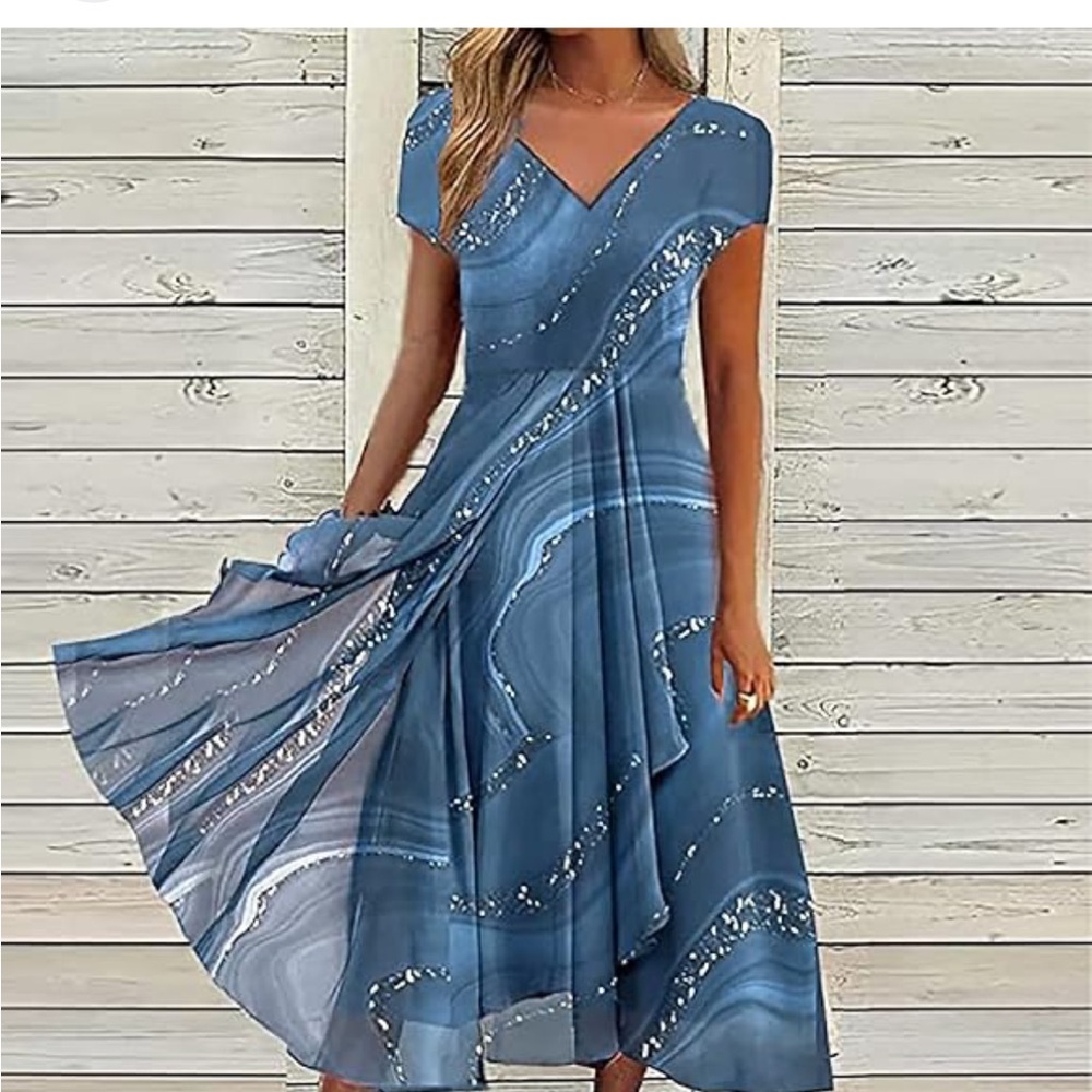 Beautiful Blue White Layered /Asymmetrical Hem -V-Neck Flowy Dress- NWOT- SzM ☀️ - Picture 5 of 9